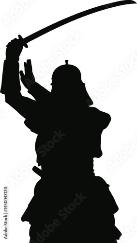 Silhouette of Samurai Warrior with Raised Sword | Dynamic Black and White Illustration