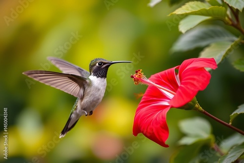Hummingbird Hovering Near a Red Hibiscus Flower