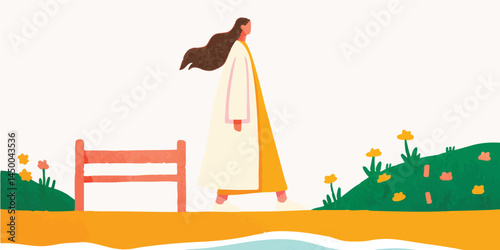 A solitary figure, draped in flowing attire, strolls along a seaside path, a symbol of serenity and reflection. Captured with simplicity and grace.