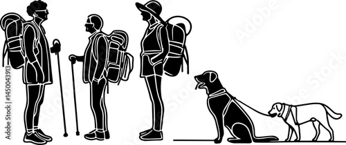 Senior couple hiking with friends and dogs on a mountain trail  