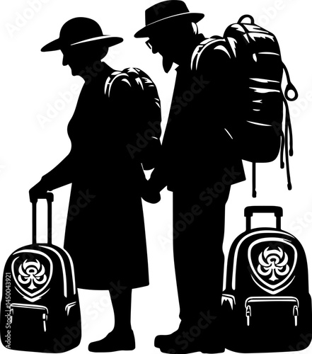 Senior couple holding hands with backpacks against a mountain trail  