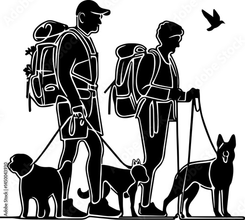 Senior couple walking dogs on mountain trail in silhouette style  