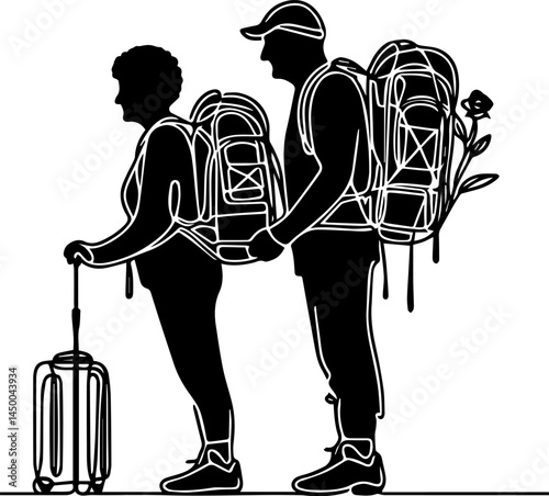 Senior couple hiking together with backpacks on a mountain trail  