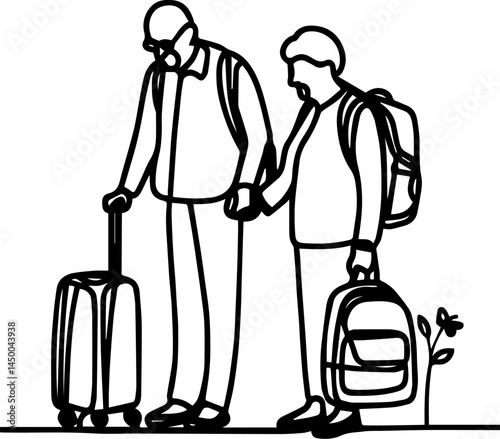 Senior couple holding hands with luggage on a mountain trail  