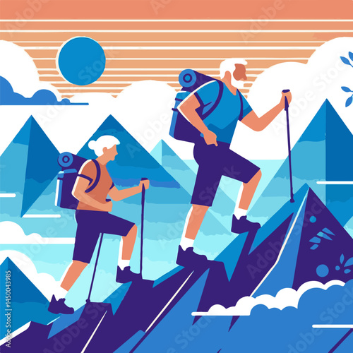 Senior couple hiking a mountain trail under a bright sky  
