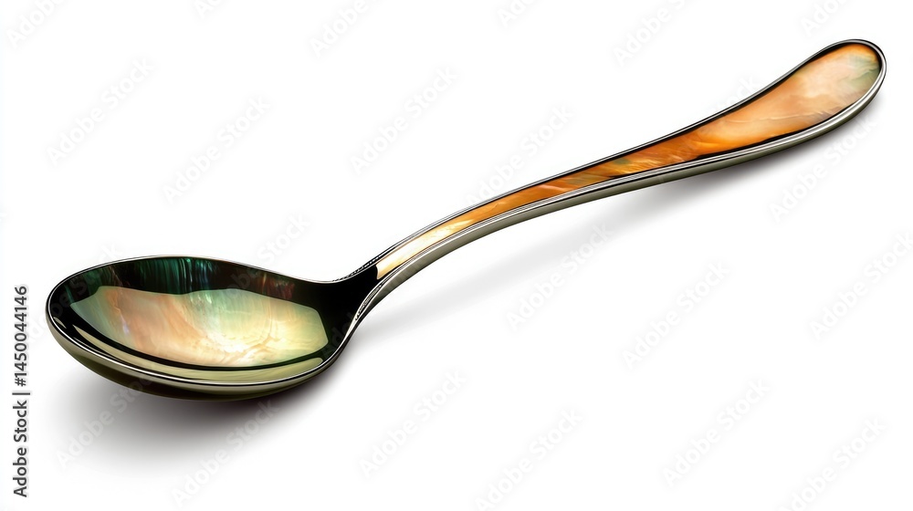 Photorealistic image of a polished mother-of-pearl spoon with a delicate curve, isolated on an immaculately white background. Photorealistic image of a polished mother-of-pearl spoon with a delicate curve, isolated on an immaculately white background.