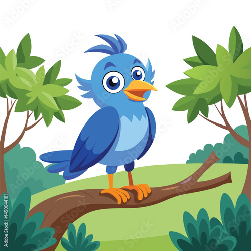 Happy blue bird on branch in green forest