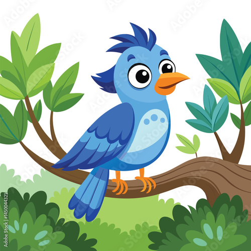 Cute blue bird perched on branch in green leaves