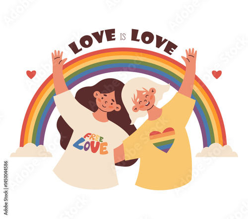Happy LGBT Women Lesbians with big rainbow. Pride Month. LGBTQ Pride Parade. love is love. Vector Illustration. Colorful, joyful LGBT support image for Pride holiday, unity, diversity and equal love