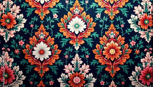 Intricate floral damask textile, repeating motif , brocade, fabric