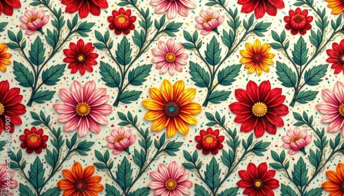 Intricate floral textile design, repeating seamlessly , surface, summer