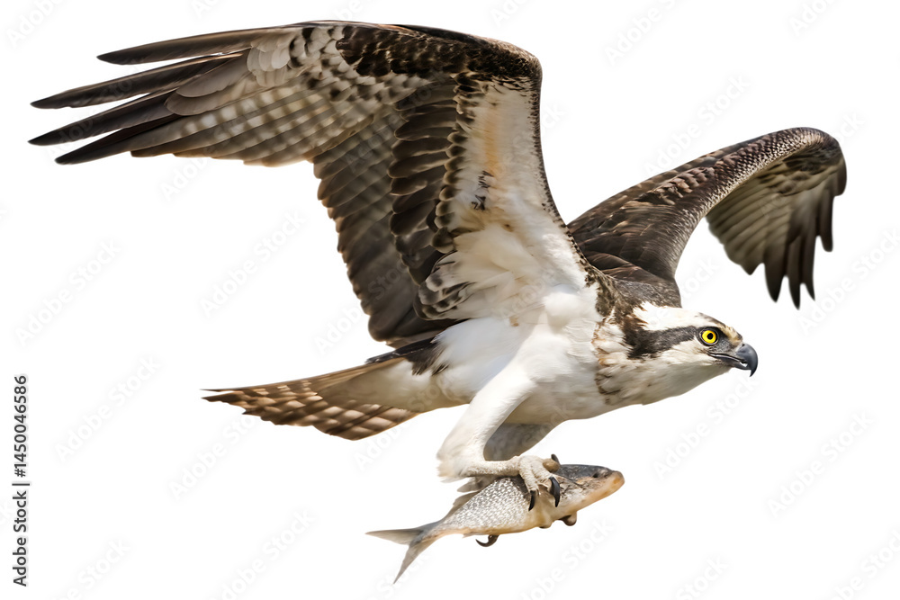 Obraz premium Impressive eagle with fish in talons on a clear isolated on white background PNG