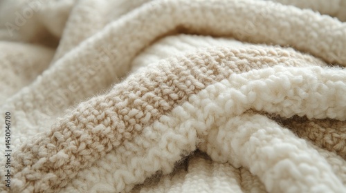 Creamy beige textured throw blanket folds close-up.