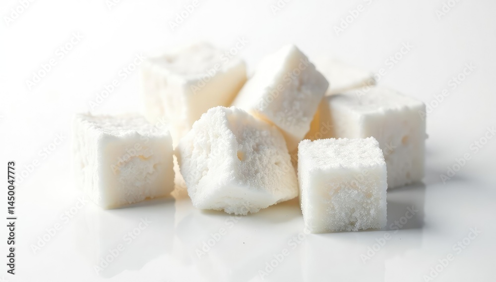 Lumps of refined sugar against stark white backdrop, cube, texture Lumps of refined sugar against stark white backdrop, cube, texture