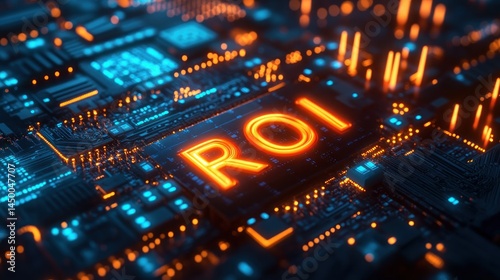 Futuristic Technology with ROI Concept Illuminated on Circuit Board with Glowing Blue and Orange Lights