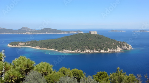 landscapes of the island of Porquerolles, on the French Riviera off the coast of Hyeres, in the summer of 2013. The surface area of 1254 hectares makes it the second Mediterranean island in France aft