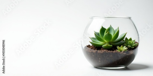 Small succulent plant in glass container on white background, terrarium, container