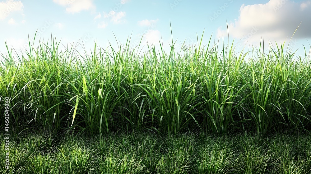 Obraz premium A vibrant view of fresh, tall grass under a bright, partly cloudy sky
