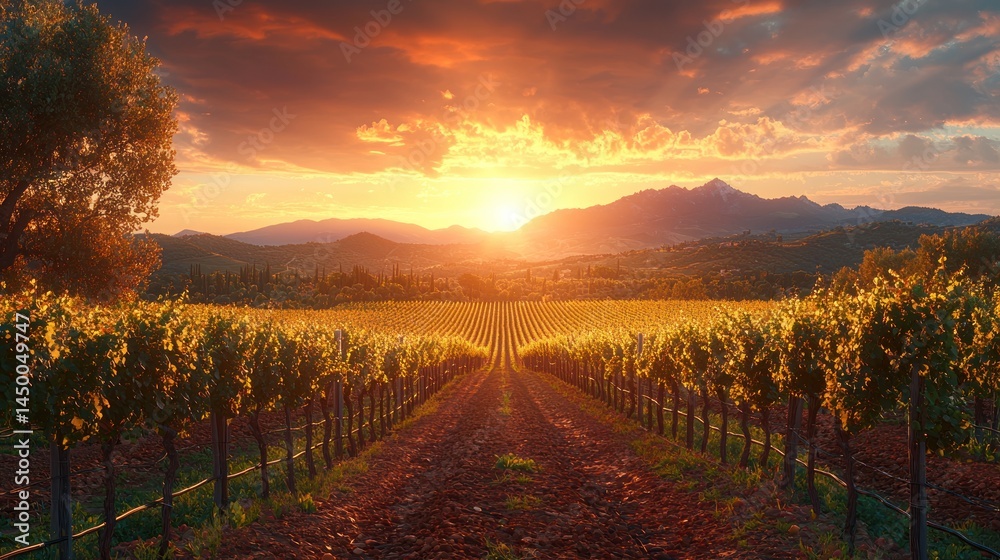 Fototapeta premium Vineyard at sunset, golden light over rows of grapes