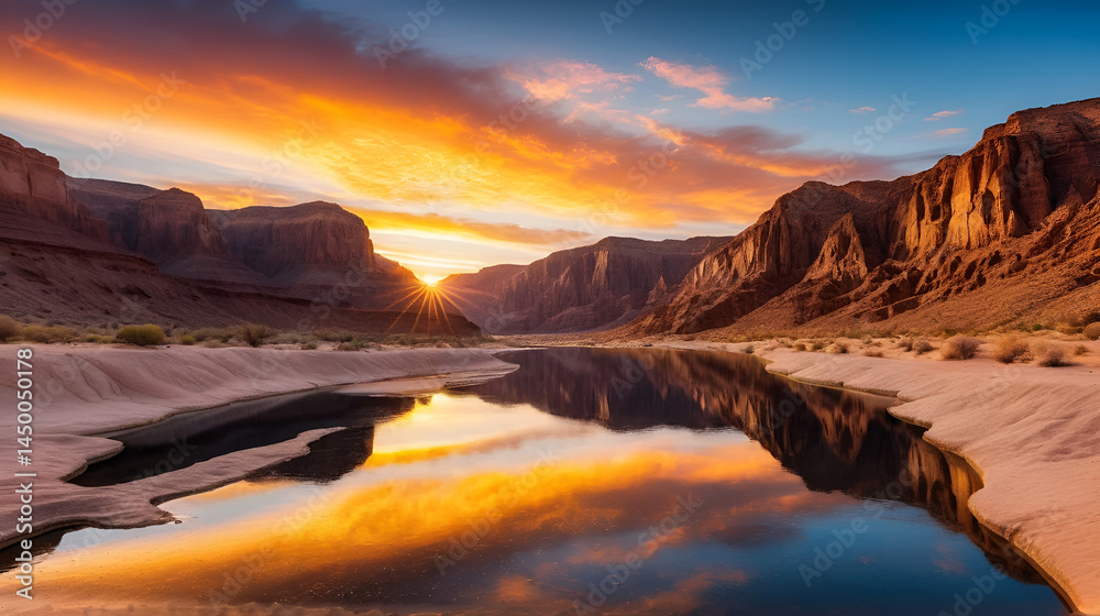 Fototapeta premium Breathtaking Sunset Over a Dramatic Desert Canyon with Shimmering Reflections