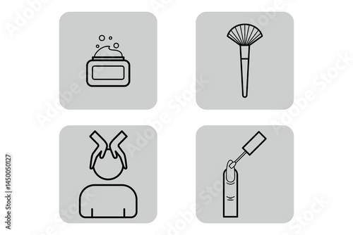 Collection of beauty icons featuring cream jar, makeup brush, person having hair treatment, and nail care tools. Essential beauty routines and products concept