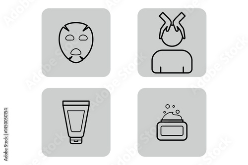 Collection of beauty line icons with essential skincare products including face mask, hair treatment, lotion tube, and cream jar. Wellness and self-care concept