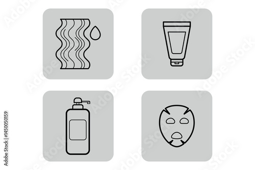 Collection of beauty icons showcasing various skincare items, including tube, mask, fluid drop, and lotion bottle. Essential products for skincare routine concept