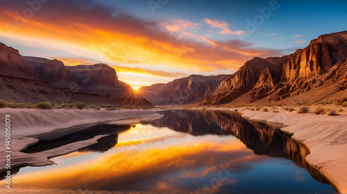 Breathtaking Sunset Over a Dramatic Desert Canyon with Shimmering Reflections
