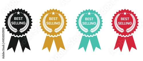 Badge, Best seller award icon badge vector. Best selling tags, seal tag, Best selling stamp with ribbon, vector, award design, round stamp, sticker with ribbon, logo, label. Vector illustration.