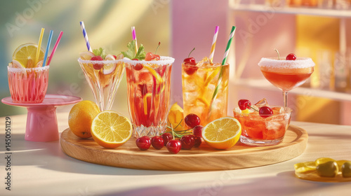 1960s inspired cocktail garnish board.  Vintage glassware, maraschino cherries, sugar rimmed glasses, colorful straws. Citrus peels, small bowls of olives and candied fruit