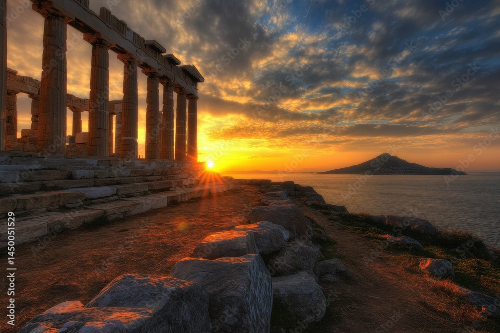 Sunset illumination of the ancient Greek temple of Poseidon at Cape Sounion, Ancient Greek temple of Poseidon at sunset on cape Sounion Athens Greece