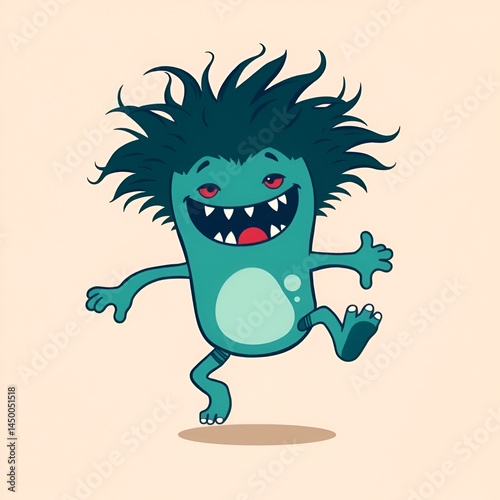 Vector illustration of a bouncy boogey with springy jumps and wild hair, playful monster