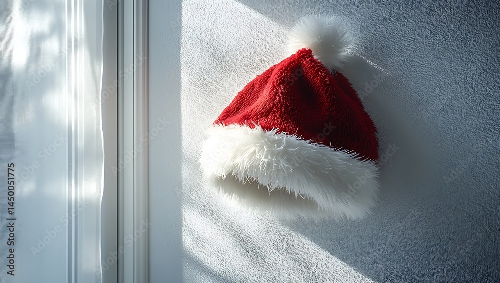 Fototapeta premium A red and white plush Christmas hat hanging on the wall