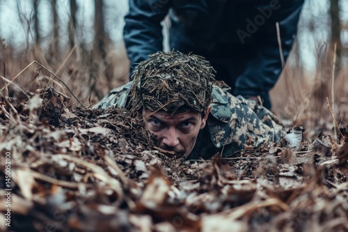 Camouflaged soldier emerges from the ground to surprise unsuspecting observers in a woodland setting, Camouflaged man rising out of ground to get unsuspecting man low shot