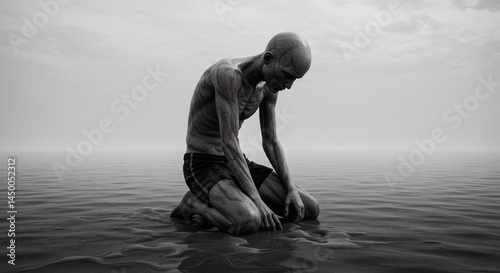 A gaunt man kneeling in water with his head bowed in a grayscale image with a cloudy sky backdrop