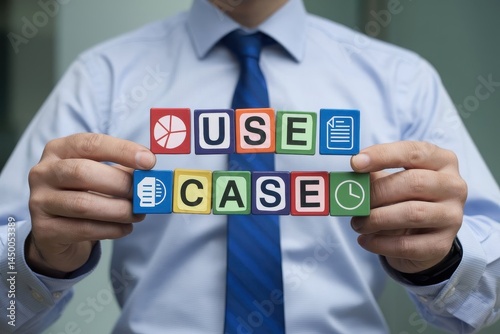 Businessman holding colorful blocks spelling use case.