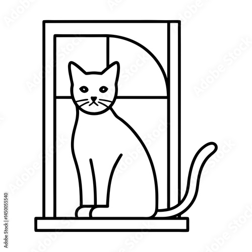 Cat Sitting on Window Sill Line Art Vector Style