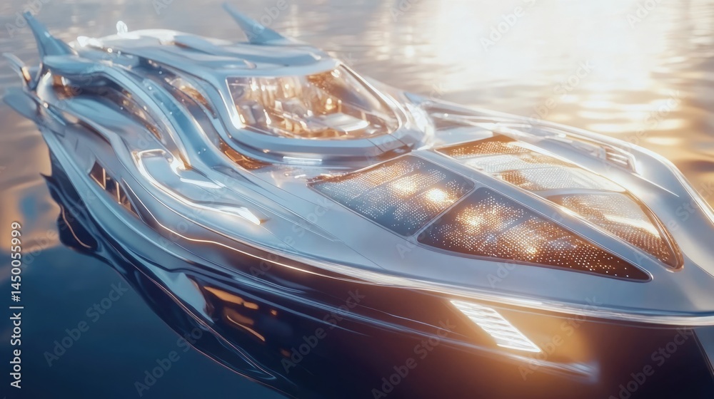 Fototapeta premium Futuristic Luxury Yacht at Golden Hour: Sleek Design, Water Reflection