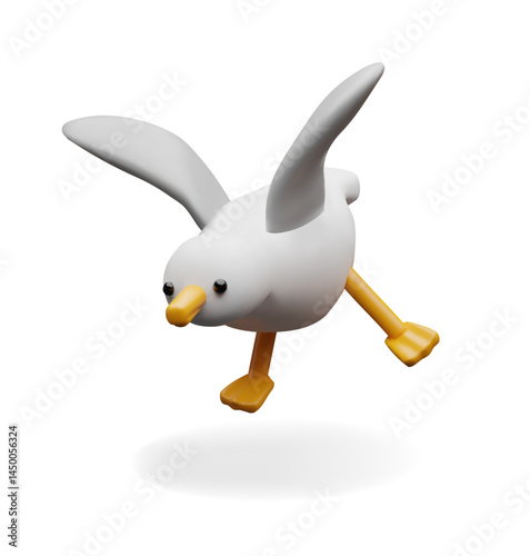3d seagull landing. Three-dimensional vector illustration sea bird. Flying sea gull animal. Wildlife ocean character in the port. Atlantic mascot on the beach. Fauna in the ocean resort.