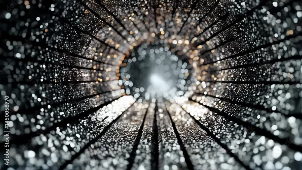Abstract perspective view through a textured tunnel with bokeh lights leading to a bright white exit point, creating depth and dimension.