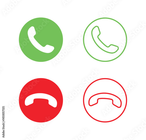 Phone call icons, Call and end call symbols, Green and red telephone graphics, Mobile communication buttons, Contact icons, Telephony call design, Answer hang up icons, vector illustration.
