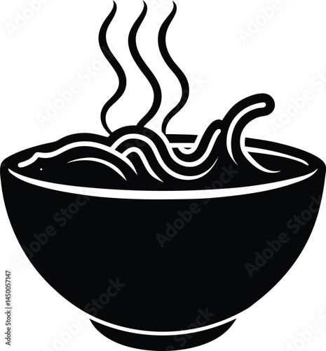 steaming bowl of noodles on white background  