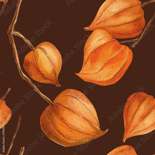 Картината върху платно Dark burgundy vintage autumn seamless pattern with physalis