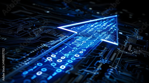 A blue arrow is pointing upwards on a black background. Concept of progress and growth