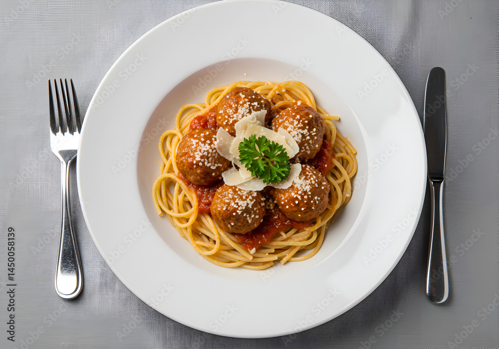 Spaghetti and Meatballs with Tomato Sauce and Parmesan Cheese Shavings Spaghetti and Meatballs with Tomato Sauce and Parmesan Cheese Shavings
