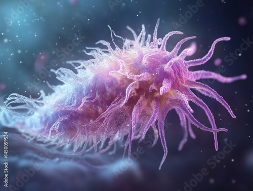 3D illustration of a pink bacterium under microscope. Microbiology image of a spiky single-celled organism. Pathogenic bacterium visualization in soft focus