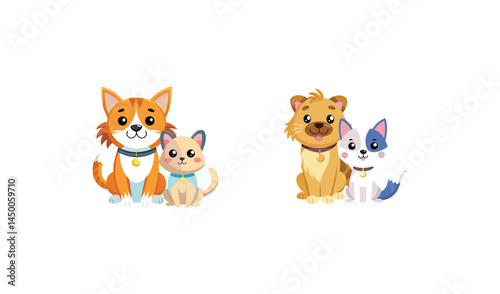 Cute cartoon dogs and cats family pets illustration