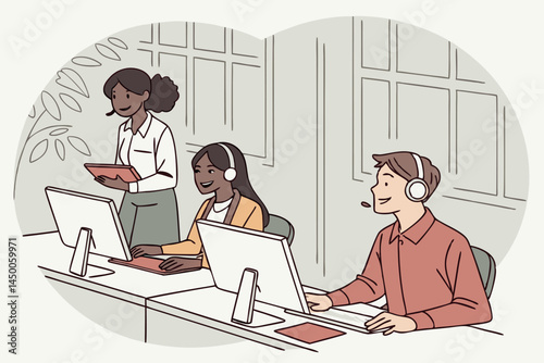 Diverse group of professionals working in a bright, modern office, supporting teamwork and utilizing technology to achieve business goals efficiently