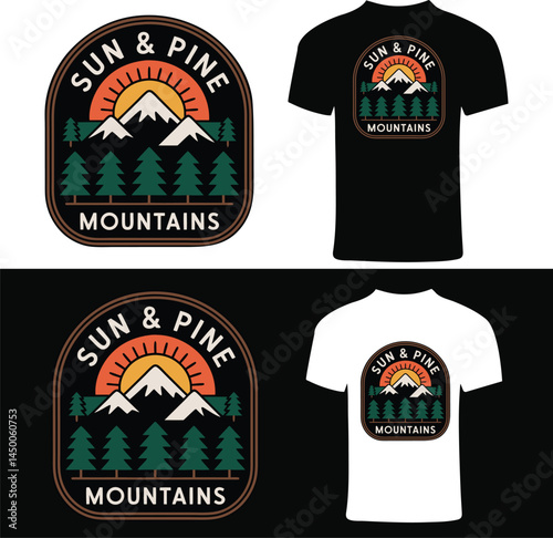 Adventure camping and sun pine mountain t-shirt design, retro wilderness vector t shirt design