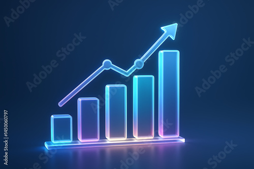 3D glowing neon bar chart with rising arrow on dark background, futuristic financial growth graph for business success, analytics, economic data, investment performance, and digital marketing trends

